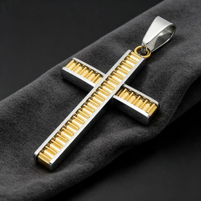 Kemstone Layered Cross Pendant Necklace for Men Stainless Steel Ribbed Design KP119486-HR