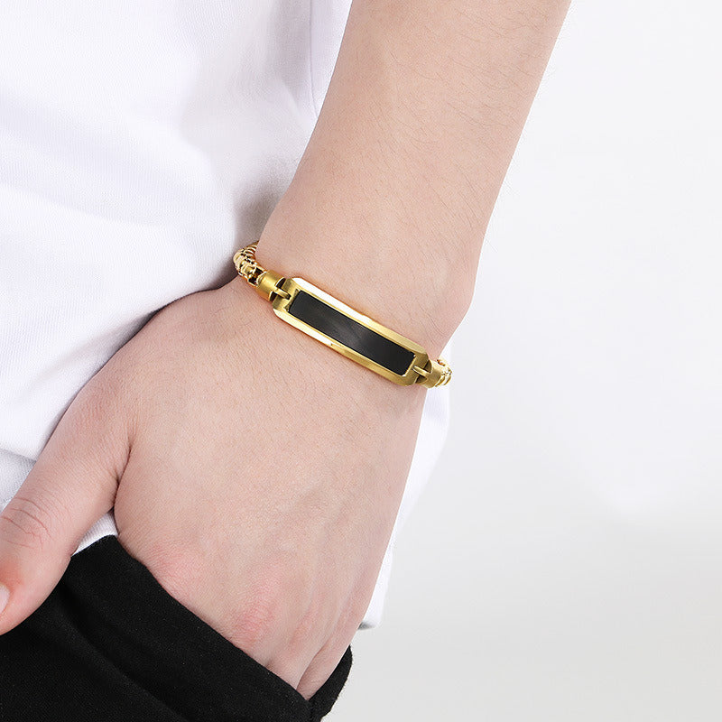 Kemstone Stainless Steel ID Bracelet for Men Black Inlay Curved Plate KB167900-KLHQ