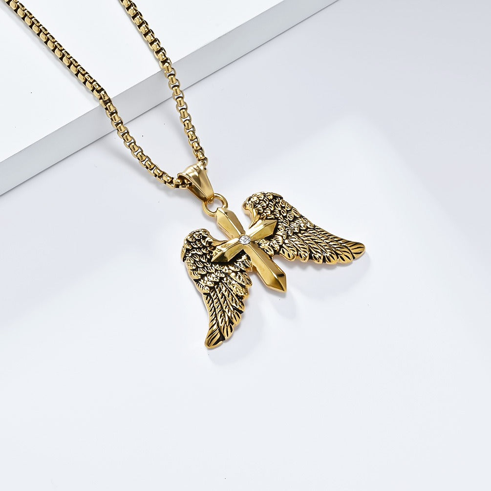 Kemstone  Meta Description Winged Cross Stainless Steel Pendant Necklace for Men – Punk Hip Hop Style, Silver Gold Black  K-PT573