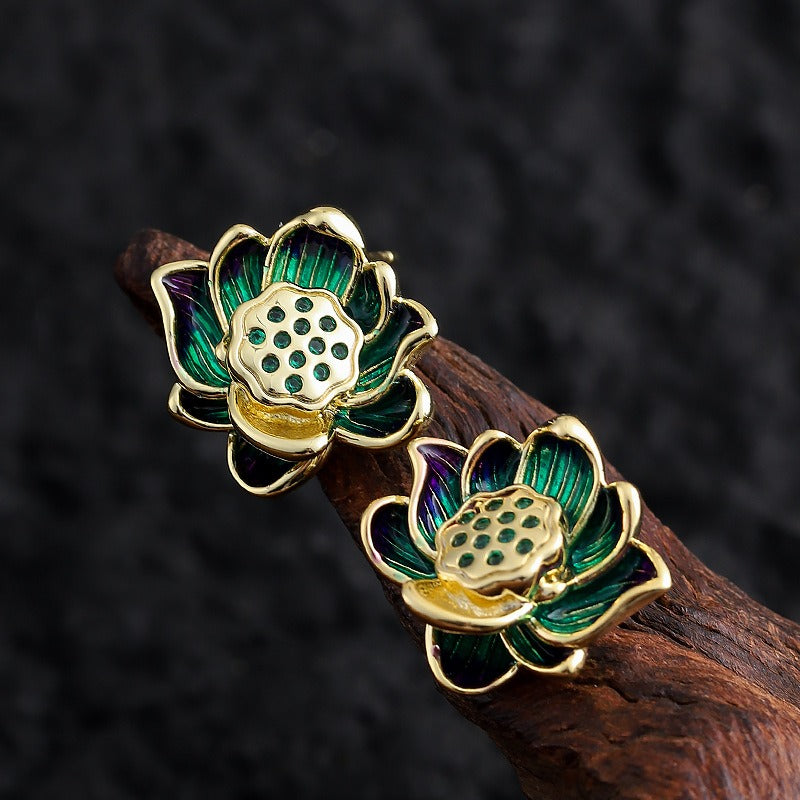 Kemstone Lotus Flower Stud Earrings for Women Enamel Floral Copper TD10865