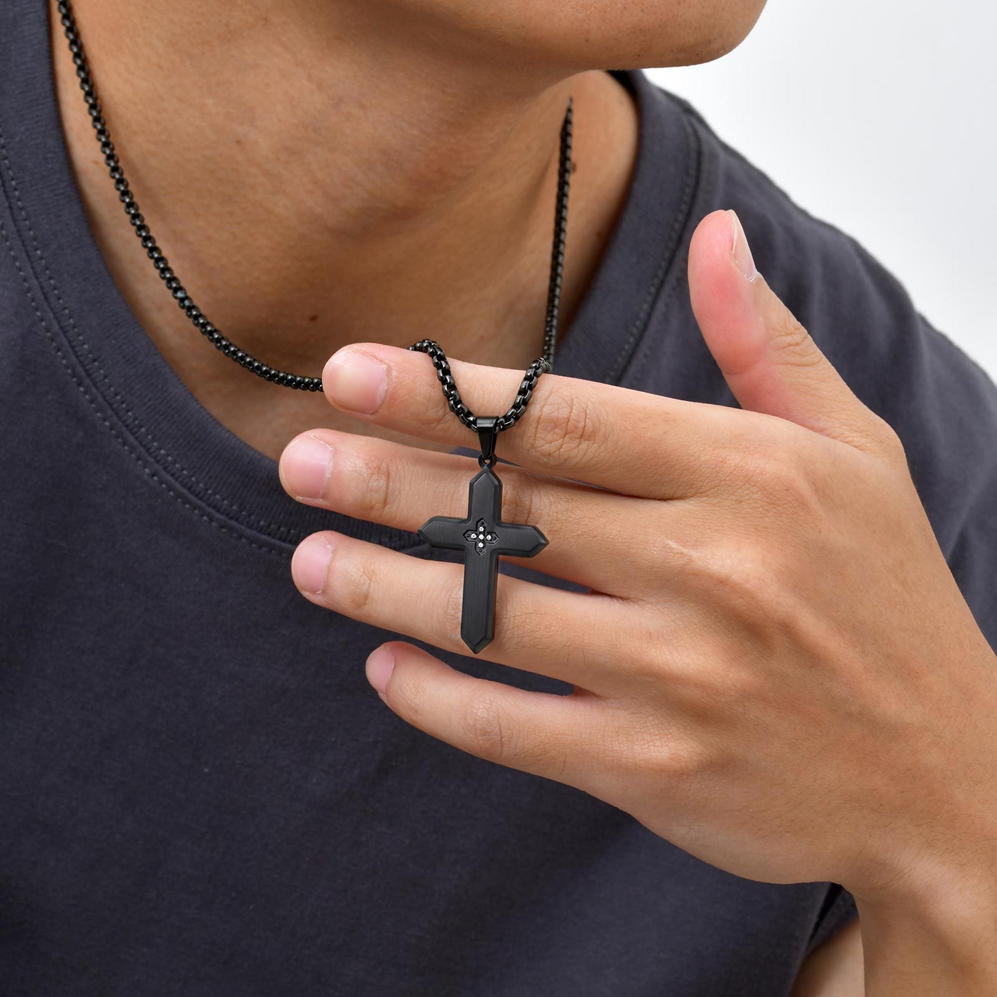 Kemstone Stainless Steel Brushed Cross Pendant Necklace with Cubic Zirconia – Square Link Chain for MenPN-2198