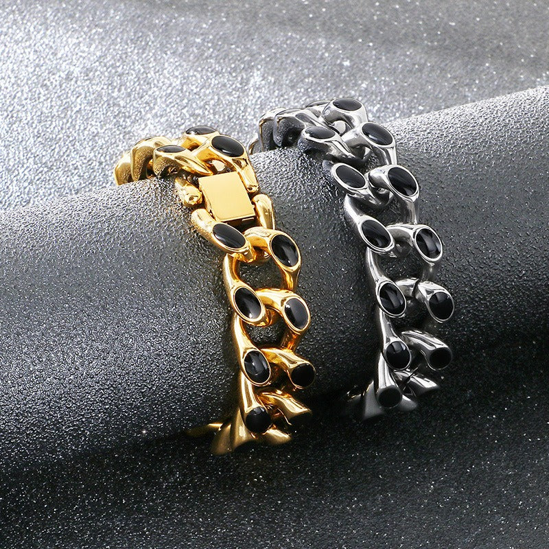 Kemstone Cuban Link Bracelet for Men Titanium Steel Black Inlay Chunky Heavy Chain Hip Hop Gold Silver KB202409-KJX