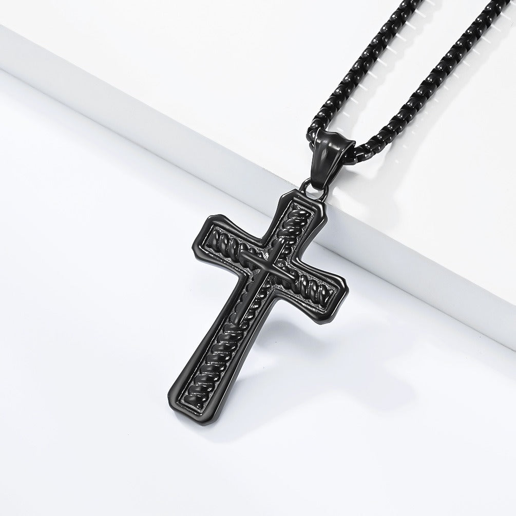 Kemstone Stainless Steel Layered Cross Pendant Necklace Rope Texture Detail for Men K-PT716