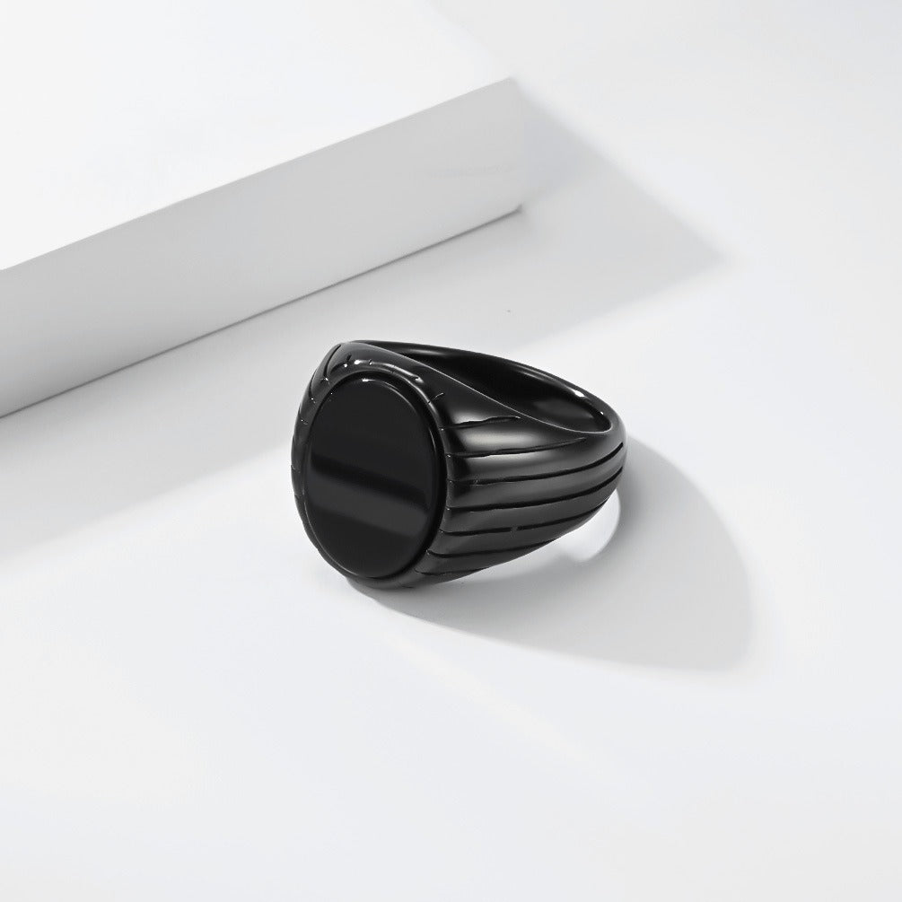 Kemstone Stainless Steel Black Stone Signet Ring for Men – Modern Masculine Oval Band K-R1175