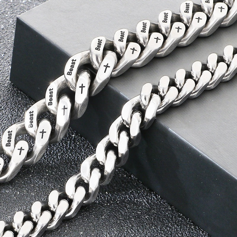 Kemstone Cuban Link Bracelet for Men Titanium Steel Cross Engraved Wide Chain Heavy Chunky Silver KB211839-ZCG