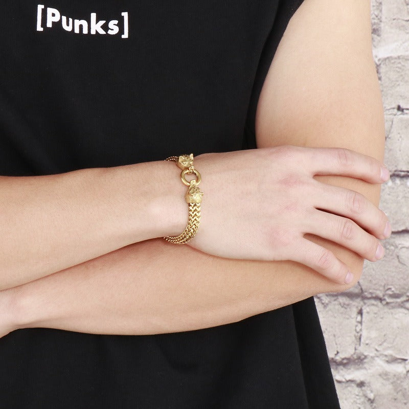 Kemstone Double Wolf Head Bracelet – Titanium Steel Braided Chain Hip Hop Style for Men KB151774-KFC