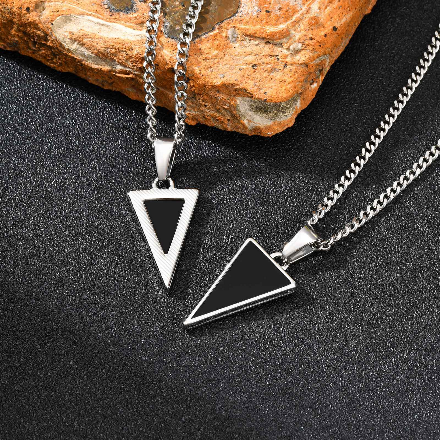 Kemstone Men’s Black Onyx Triangle Necklace – Stainless Steel Modern Pendant PN-2201