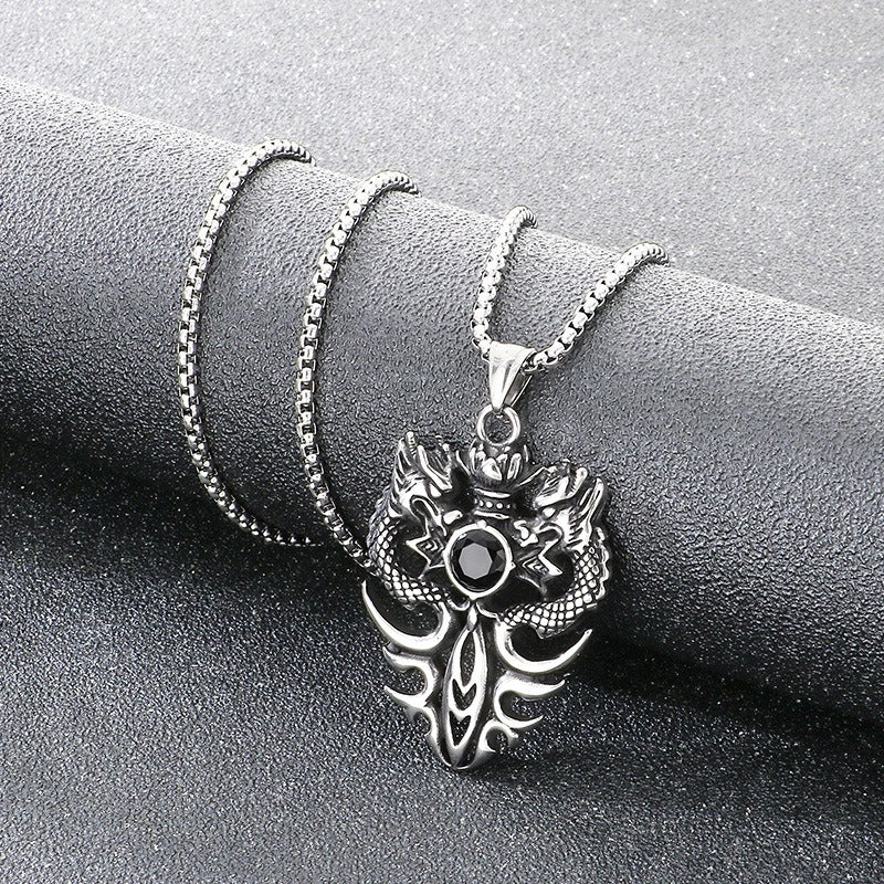 Kemstone Vintage Double Dragon Pendant Necklace Titanium Steel Sword with Cubic Zirconia for Men KP117722-LU