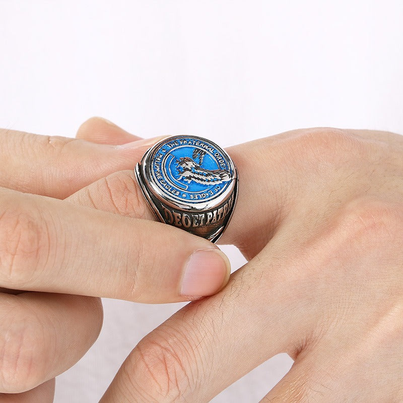 Kemstone Titanium Steel Eagle Ring – Blue Enamel Vintage Signet Jewelry, Symbol of Freedom KR114201-LU