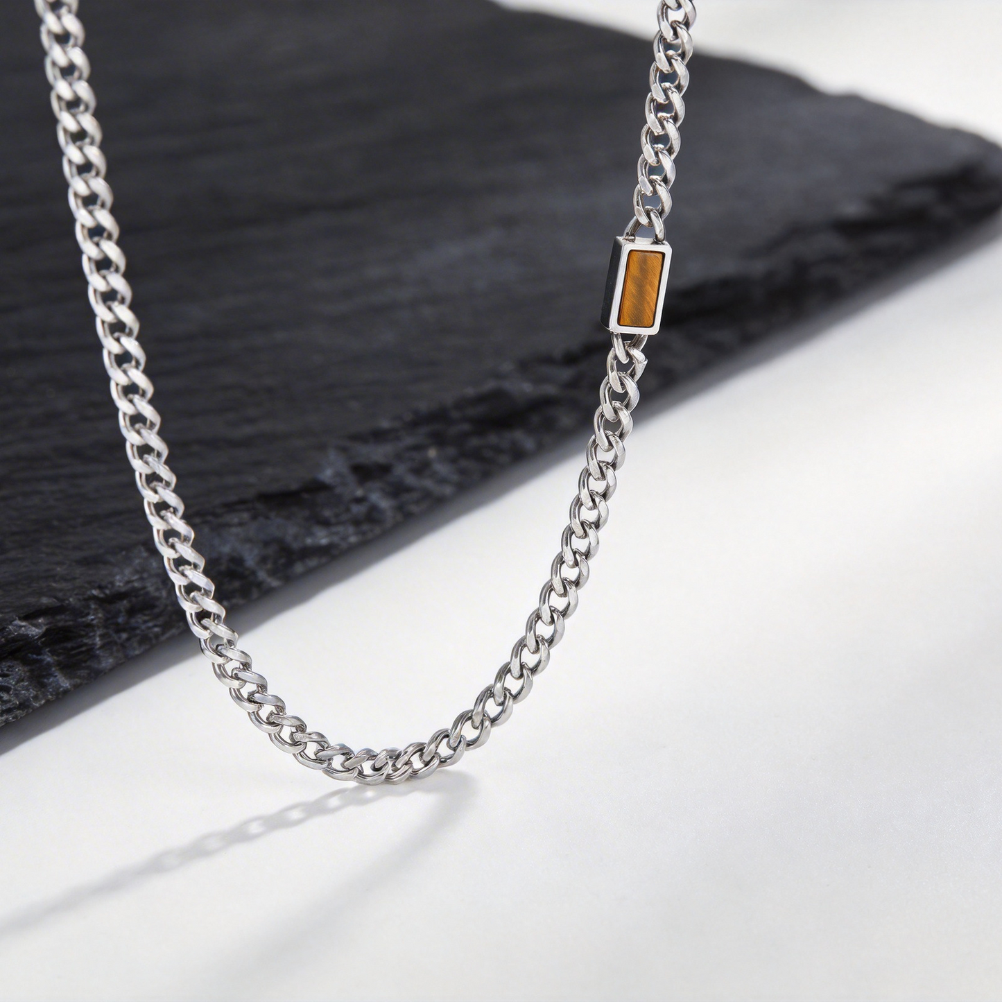 Kemstone Stainless Steel Chain Necklace for Men – Square Tiger Eye Detail Minimal Style NC-2255
