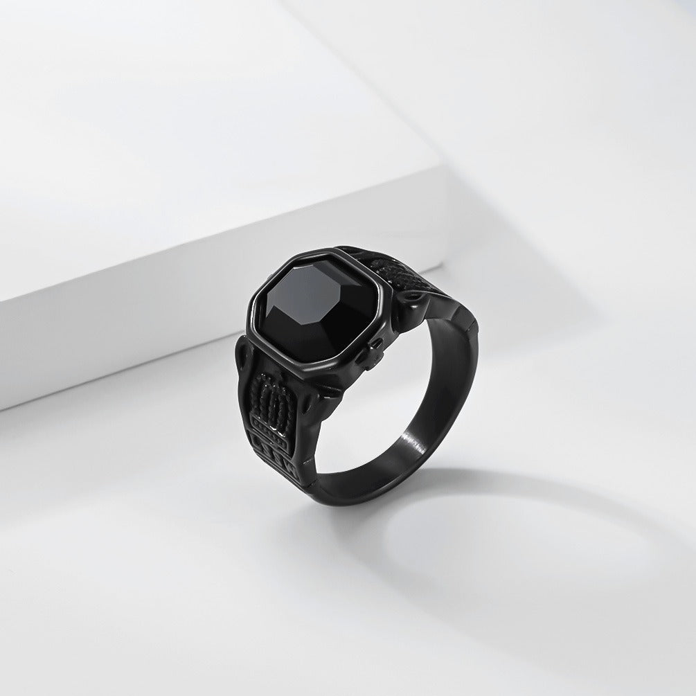 Kemstone Black Stone Signet Ring for Men Stainless Steel Crown Detail Vintage Silver Gold K-R1144