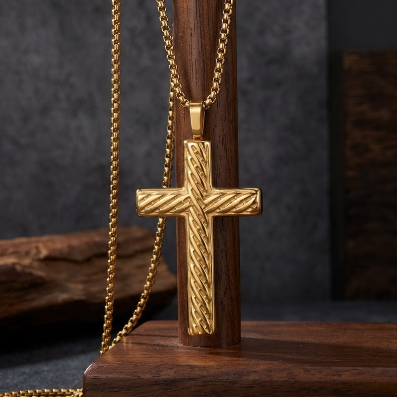 Kemstone Titanium Steel Twisted Cross Pendant Necklace for Men Vintage Rope Texture Chain KN302498-GC