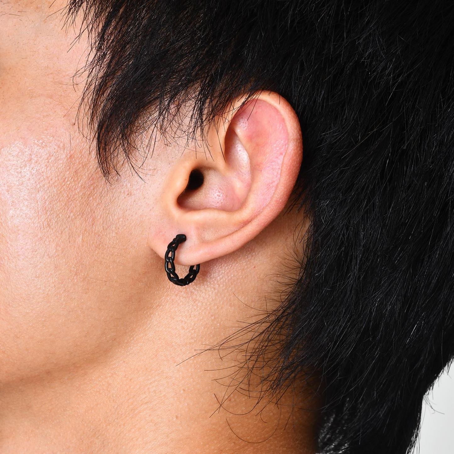 Kemstone Men’s Stainless Steel Chain Hoop Earring – Silver Black EH-302