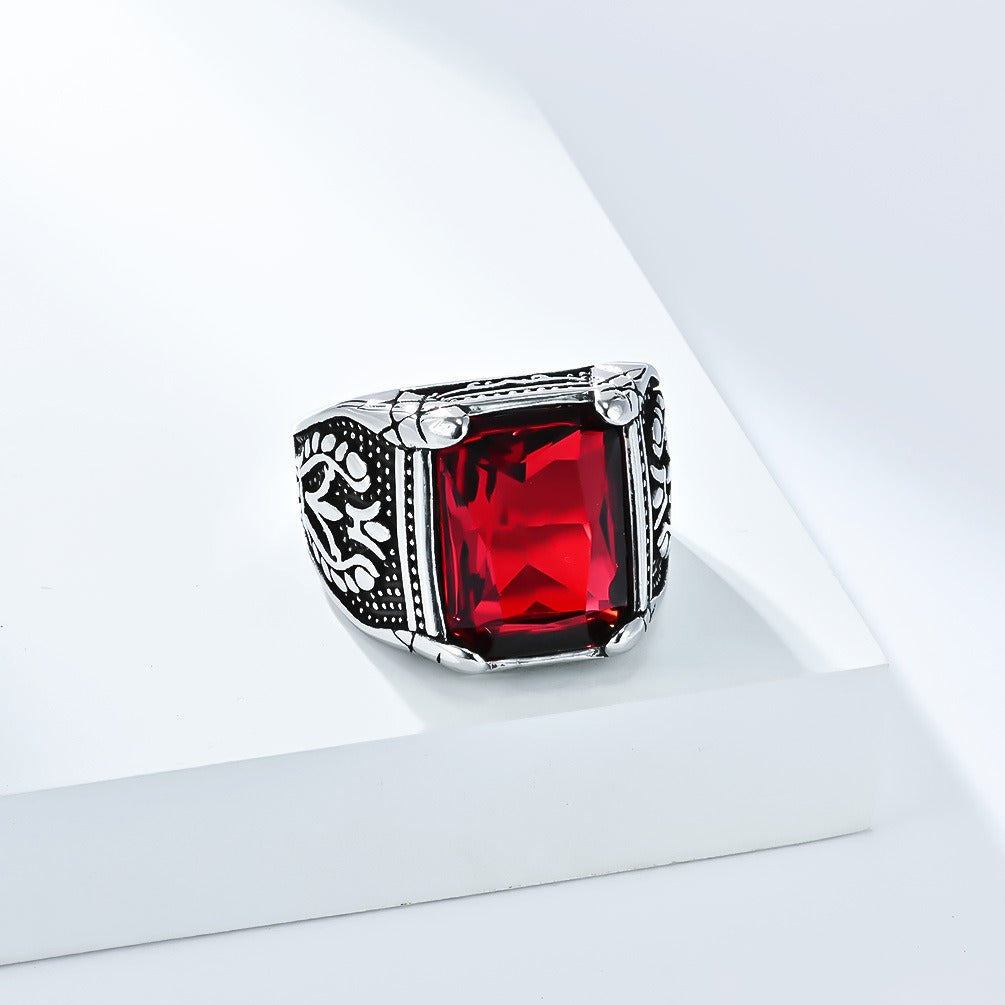 Kemstone Men’s Stainless Steel Ring – Vintage Tulip Glass Stone K-R1014