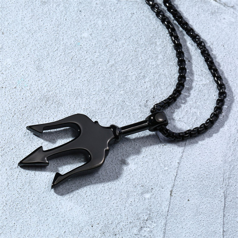 Kemstone Trident Pendant Necklace for Men Stainless Steel Vertical Symbol Gold Silver Black PN-1176