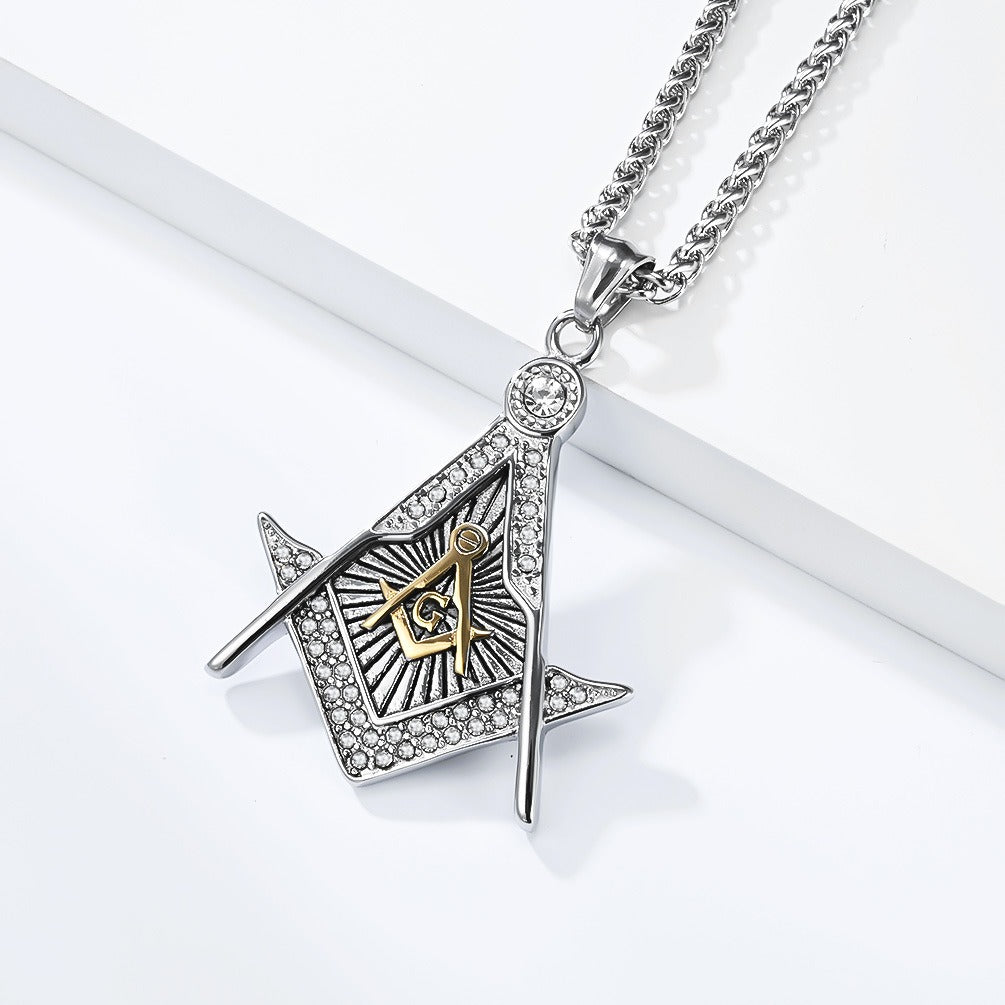 Kemstone Geometric Compass Pendant Necklace for Men Stainless Steel Stone Detail K-PT717