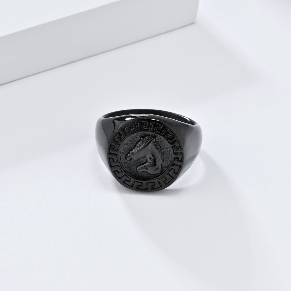 Kemstone Stainless Steel Horse Head Signet Ring – Vintage Relief Style for Men K-R956
