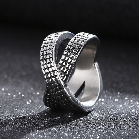 Kemstone Crossed Infinity Grid Titanium Steel Ring for Men – Vintage Oxidized Wide KR104179-BDJX