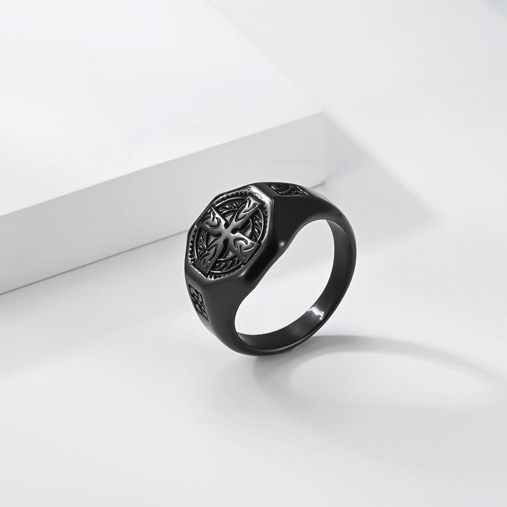 Kemstone Stainless Steel Celtic Cross Ring for Men Vintage Knot Signet Nordic Style Silver Gold Black K-R1142