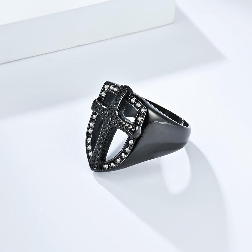 Kemstone Stainless Steel Shield Cross Ring for Men – Silver, Gold, Black K-R1010