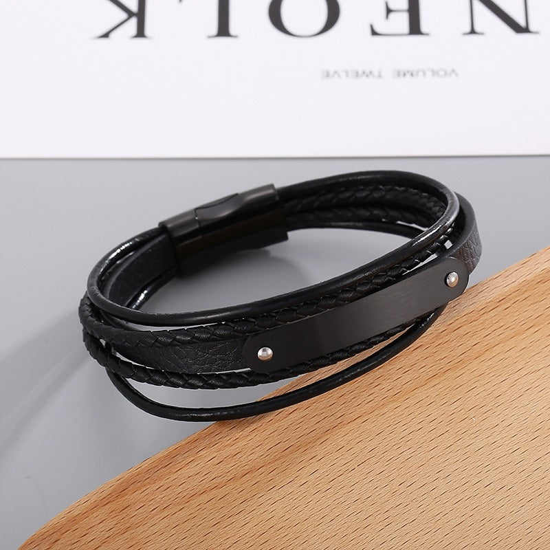 Kemstone Men’s Leather Bracelet – Titanium Steel Multi-Layer Braided Wristband B140193
