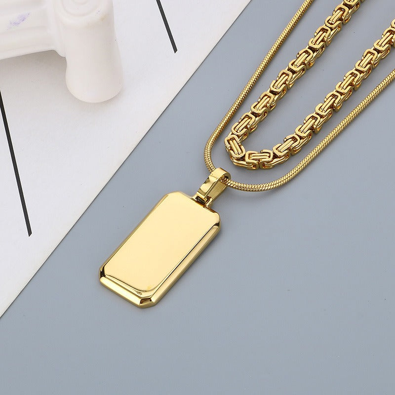 Kemstone Layered Rectangular Pendant Necklace for Men - Titanium Steel Double Chain KN283138-KFC