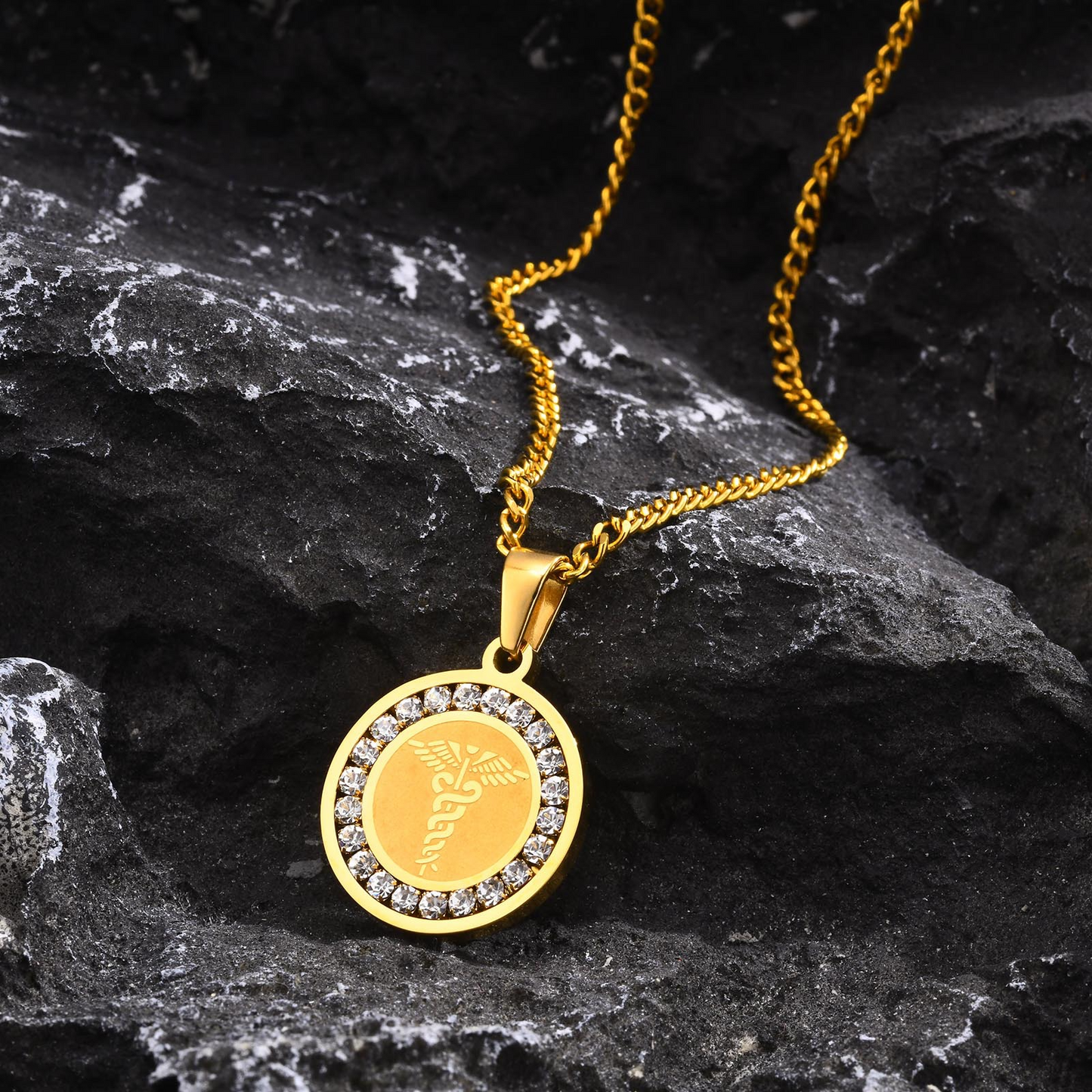 Kemstone Men’s Stainless Steel Caduceus Pendant Necklace – Gold & Silver PN-619