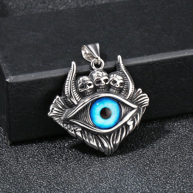 Colgante de calavera punk y abismo de Satán de Kemstone - Collar gótico de acero de titanio para hombre con diseño de mal de ojo y demonio KP119887