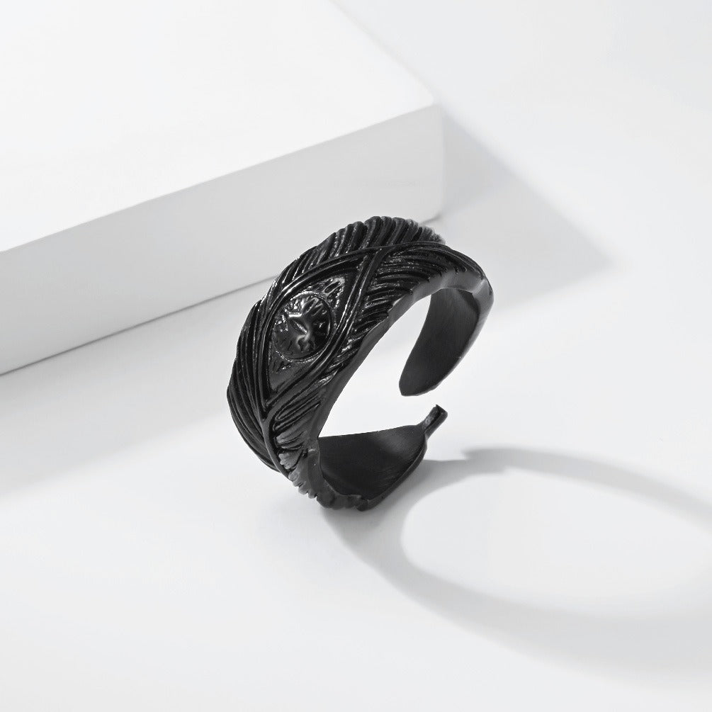 Kemstone Feather Ring for Men Titanium Steel Adjustable Open Band KR1155