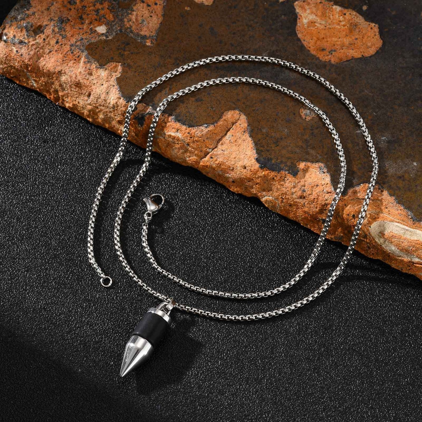 Kemstone Stainless Steel Cylinder Pendant Necklace – Stone Inlay Style for Men PN-2228