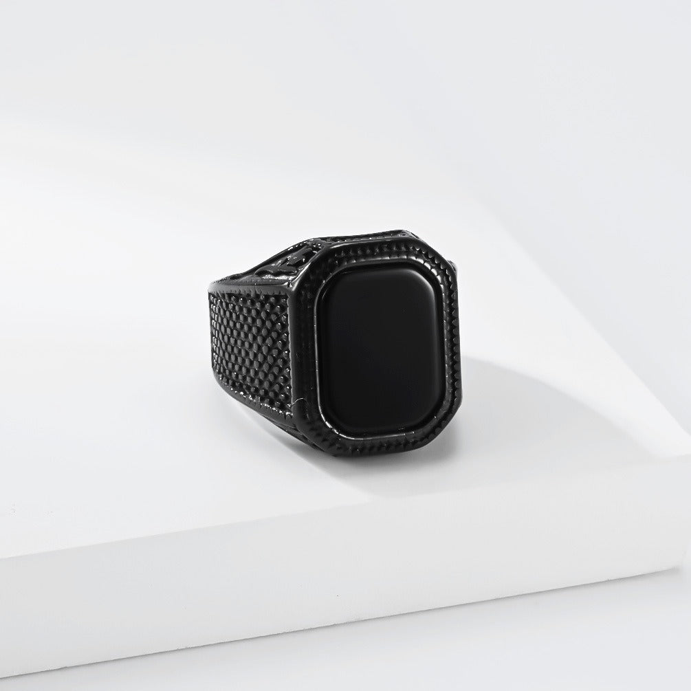 Kemstone Black Stone Signet Ring for Men Stainless Steel Textured Wide Band Vintage K-R1210