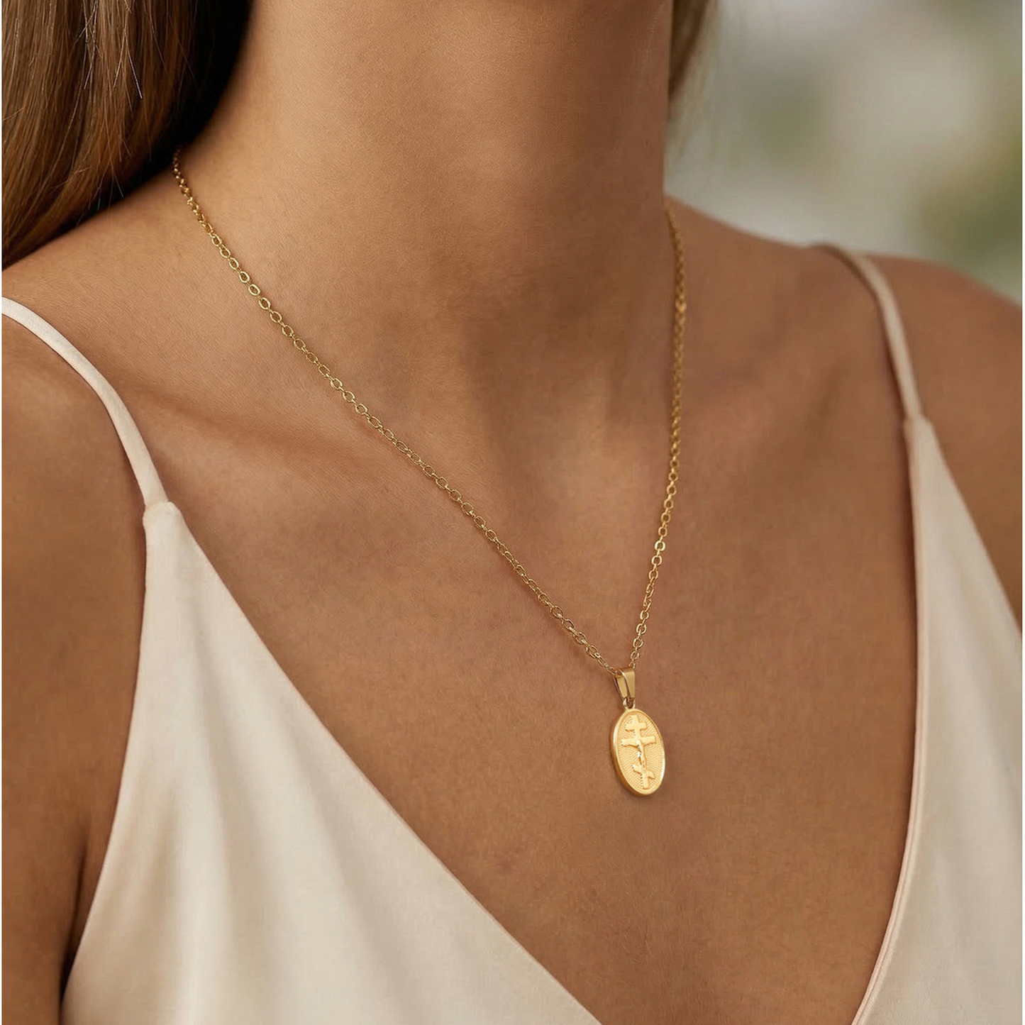 Kemstone Vintage Cross Oval Pendant Necklace Stainless Steel for Men & Women PN-2335