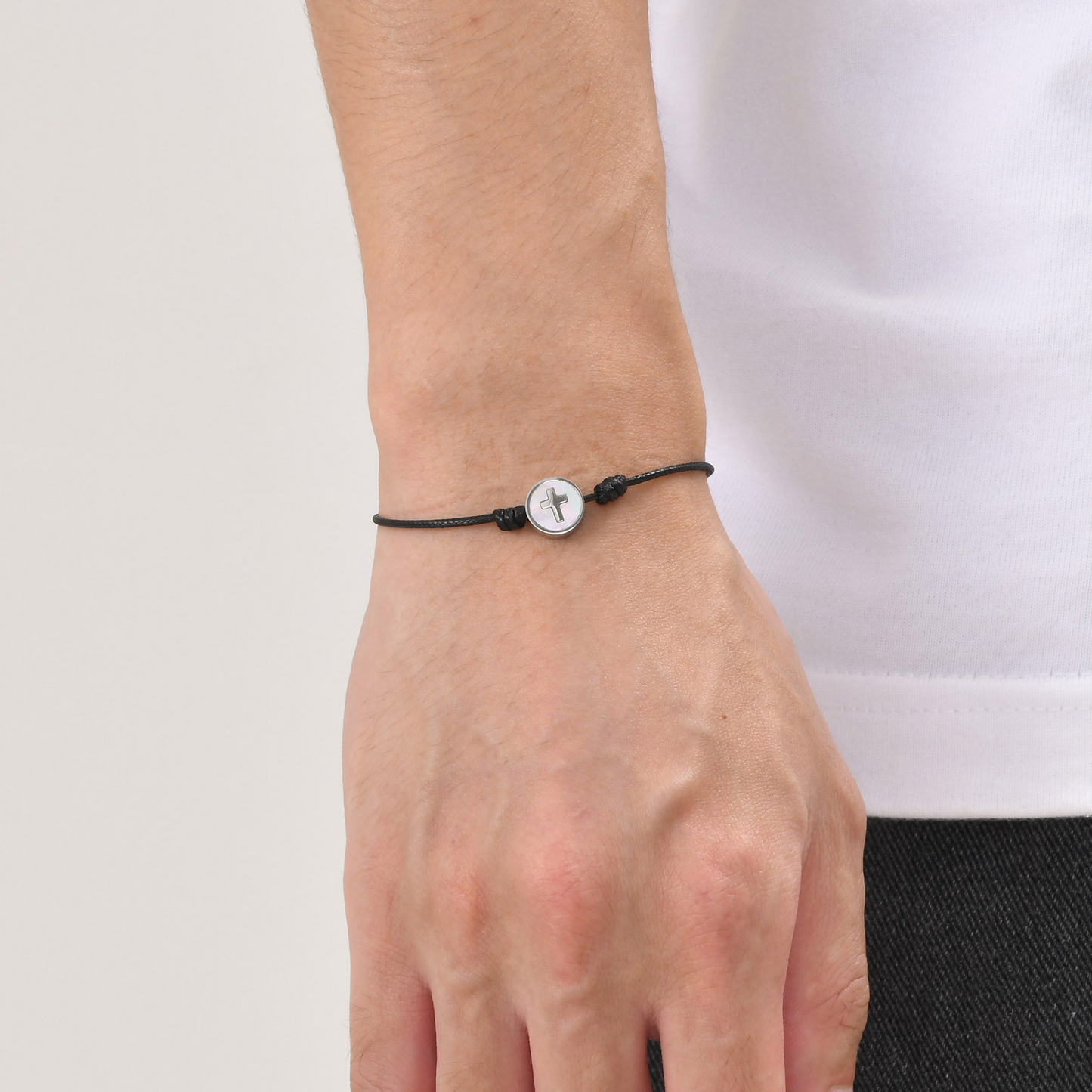 Kemstone Cross Bracelet for Men Stainless Steel Round Charm Adjustable Nylon Cord CB-195