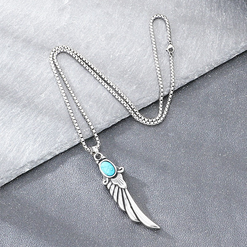 Kemstone Turquoise Pendant Necklace Titanium Steel Feather Eye Symbol Design for Men KP117748-LU