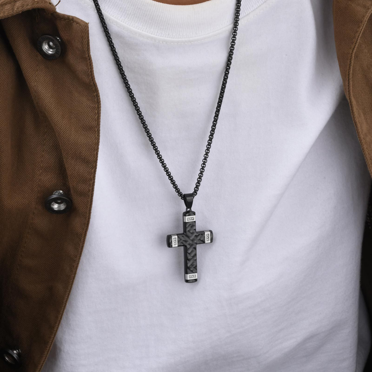 Kemstone Textured Cross Pendant Necklace for Men Stainless Steel Cubic Zirconia Accent PN-2104