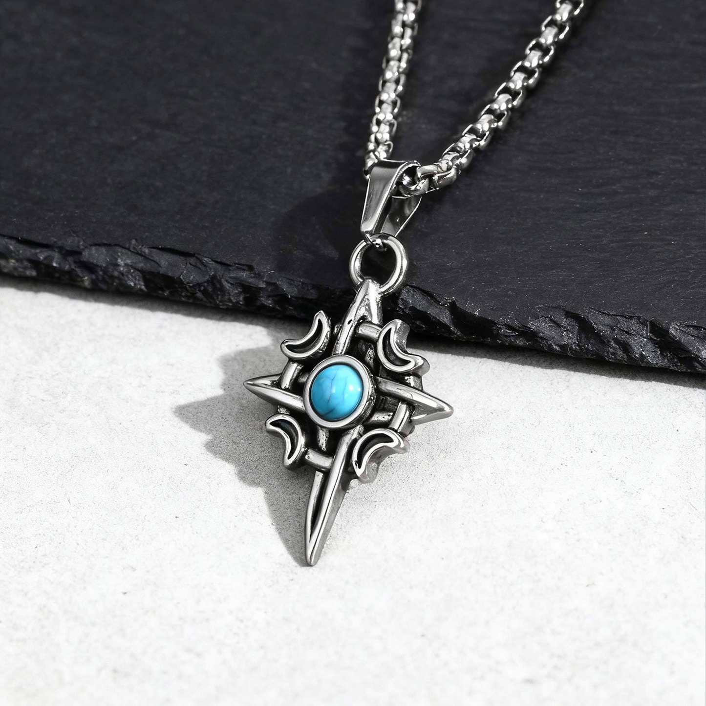 Kemstone Stainless Steel Star Moon Turquoise Pendant Necklace for Men PN-2111