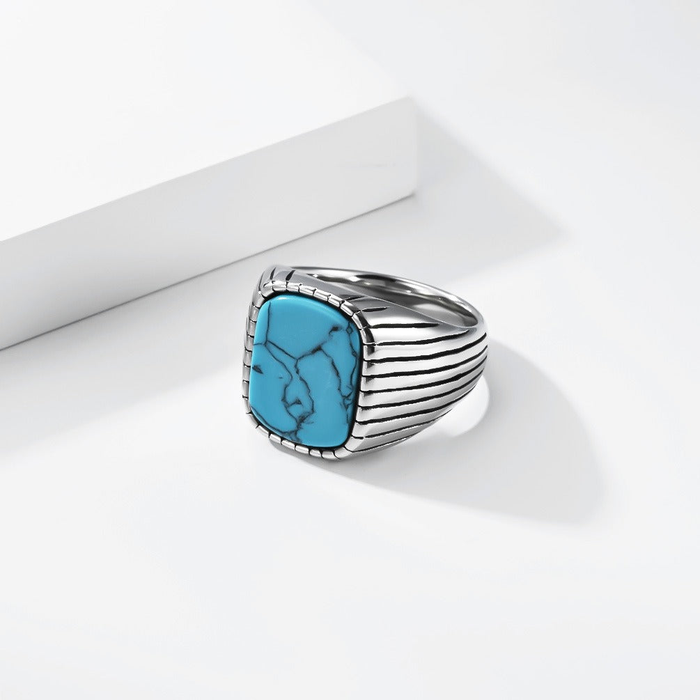 Kemstone Stainless Steel Tiger Eye & Turquoise Signet Ring for Men Square Stone K-R1174