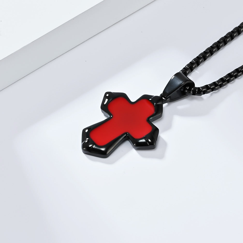 Kemstone Black Enamel Cross Necklace for Men Stainless Steel Faceted Edge K-PT560
