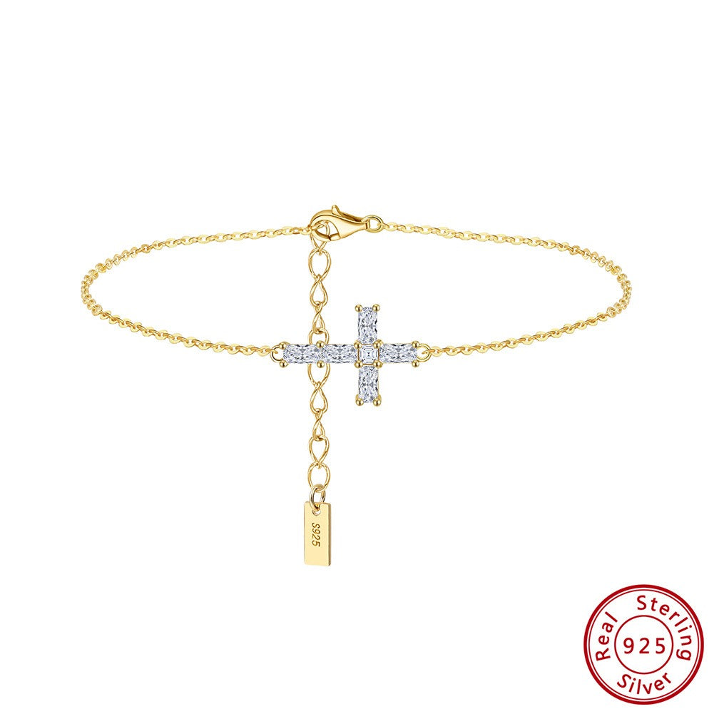 Kemston Moissanite Cross Bracelet for Women 925 Sterling Silver Gold Tone MOB03