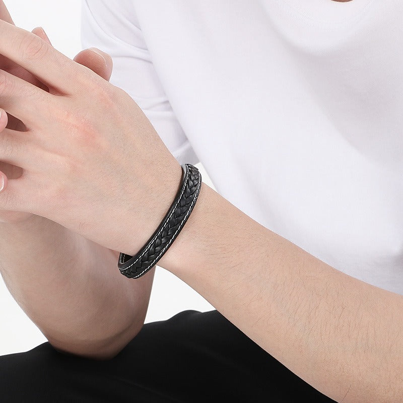 Kemstone Braided Leather Bracelet Secure Clasp Stainless Steel Flat Wristband for Men KB51333-D