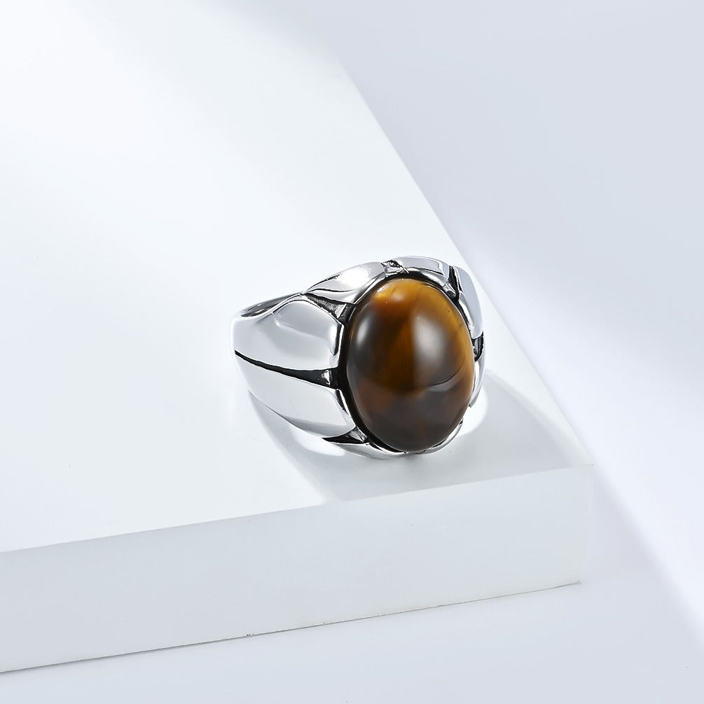 Kemstone Men’s Stainless Steel Oval Stone Ring – Black Stone & Tiger Eye K-R999