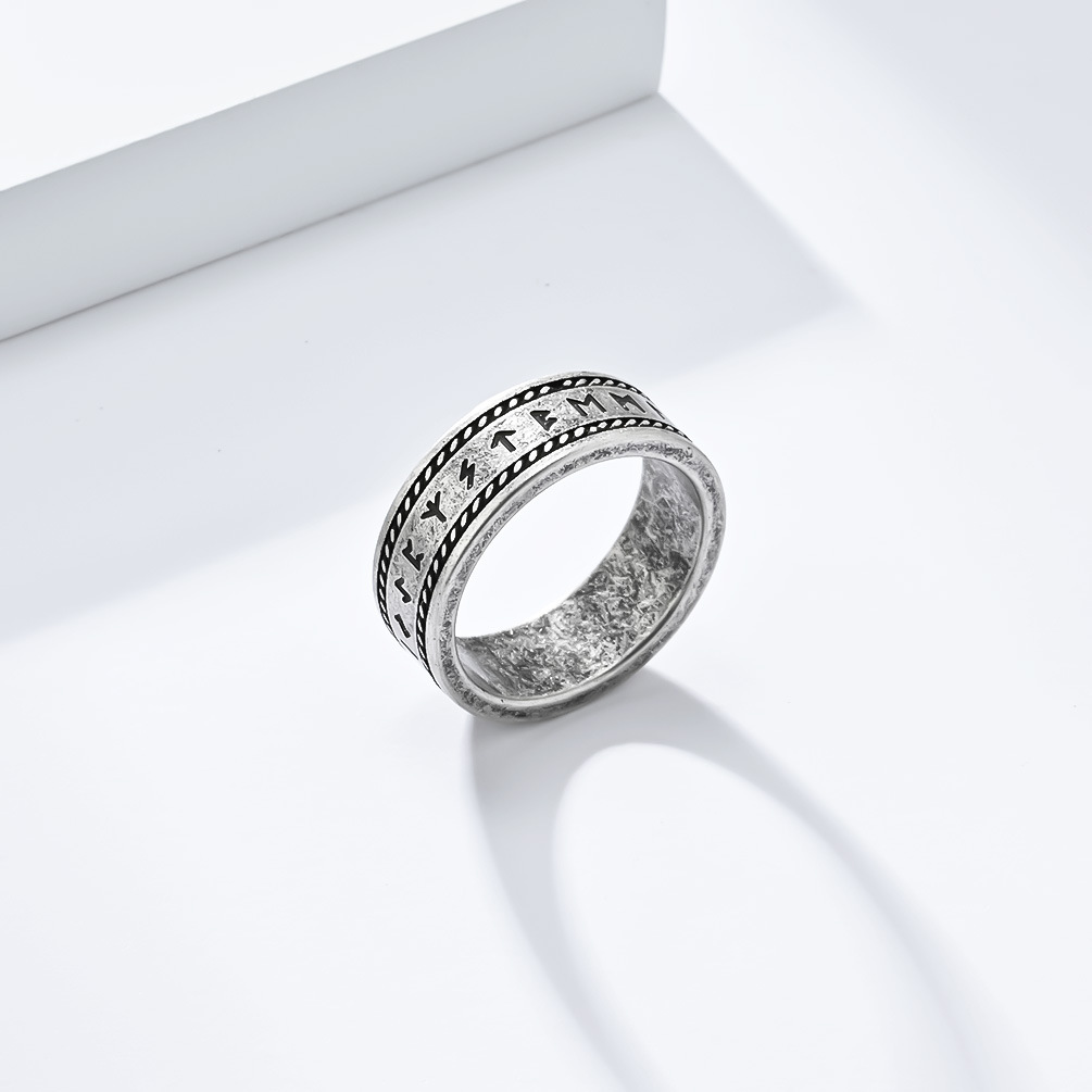 Kemstone Viking Rune Ring for Men Stainless Steel Double Rope Detail K-R804