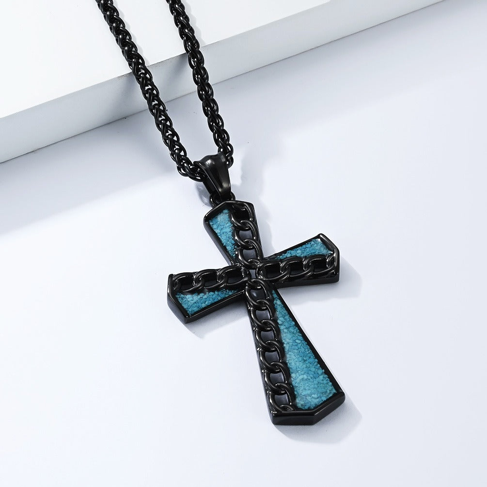 Kemstone Turquoise Inlay Stainless Steel Chain Cross Pendant Necklace for Men K-PT700