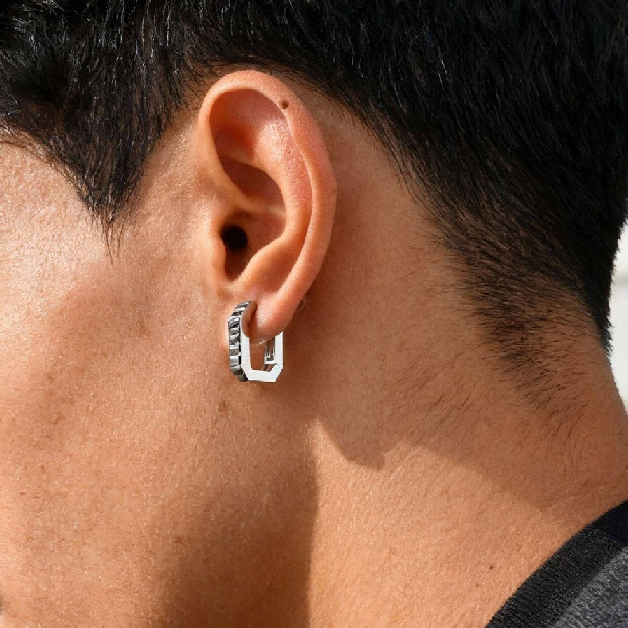 Kemstone Octagon Hoop Earrings for Men Stainless Steel Black Silver EH-802