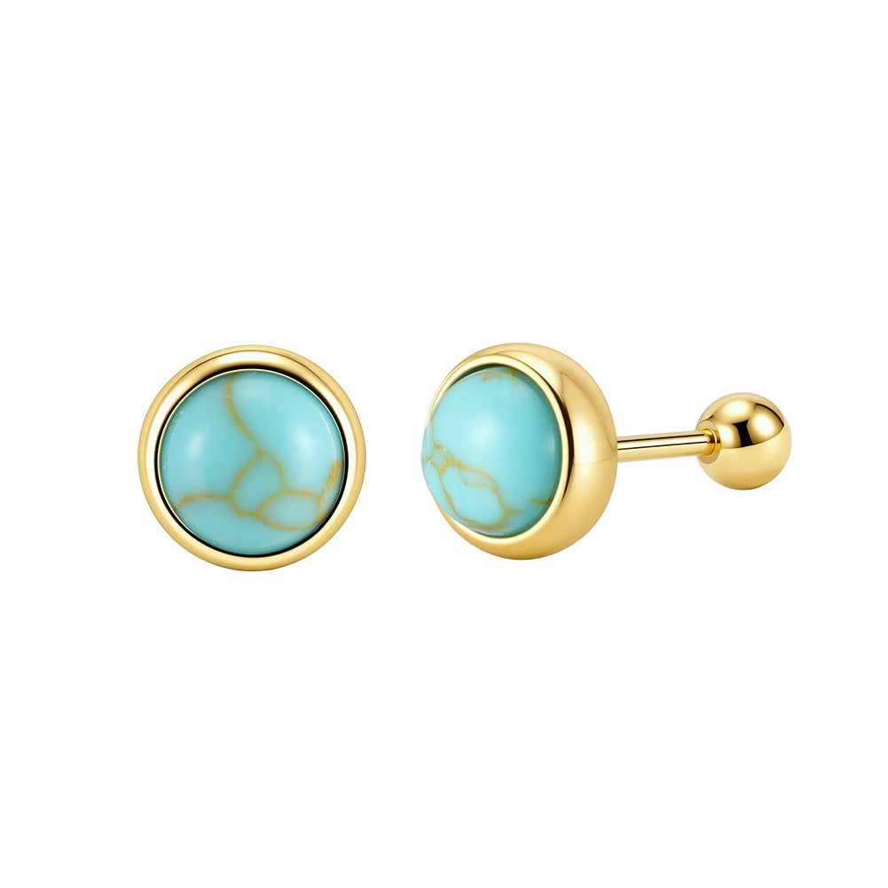 Kemstone 925 Sterling Silver Turquoise Stud Earrings for Women Round Bezel Gold Silver GME52
