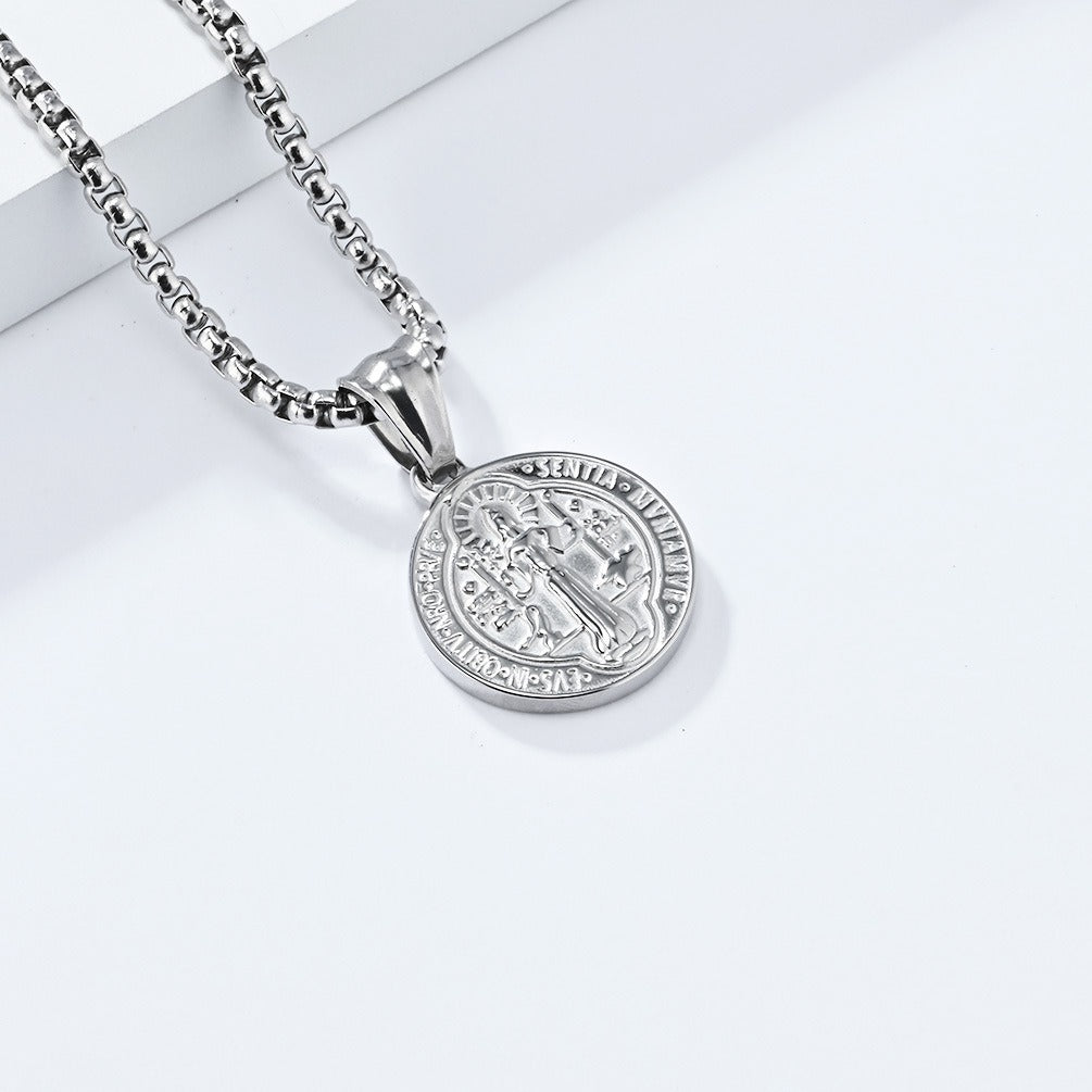 Kemstone Stainless Steel Saint Benedict Exorcism Coin Pendant Necklace for Men K-PT549