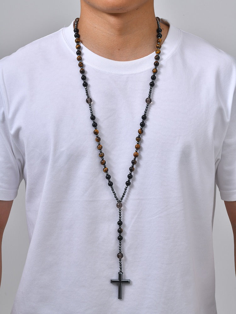 Kemstone Tiger Eye Beaded Cross Necklace for Men Lava Stone Stainless Steel Pendant NC-3017