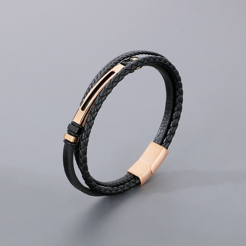 Kemstone Layered Braided Black Leather Bracelet for Men Titanium Steel Accent KB180741-JR