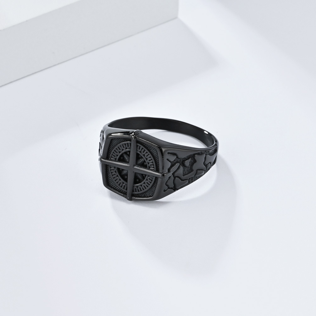 Kemstone Nautical Compass Stainless Steel Signet Ring for Men – Vintage Cross Dial Design K-R853