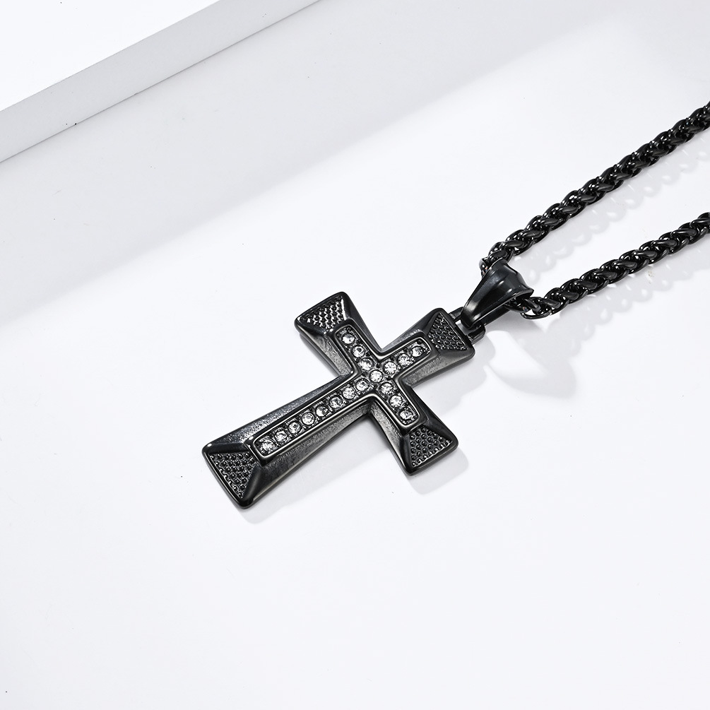 Kemstone Geometric Cross Pendant Necklace for Men Stainless Steel Stone Detail K-PT506